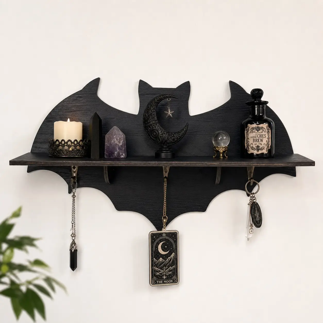Gothic-Style Bat-Shaped Oak Wooden Shelf, Wall-Mounted Shelf with 3 Hooks, Perfect for Crystals, Halloween Decor, Bedroom Decorations, Wall Organizer
