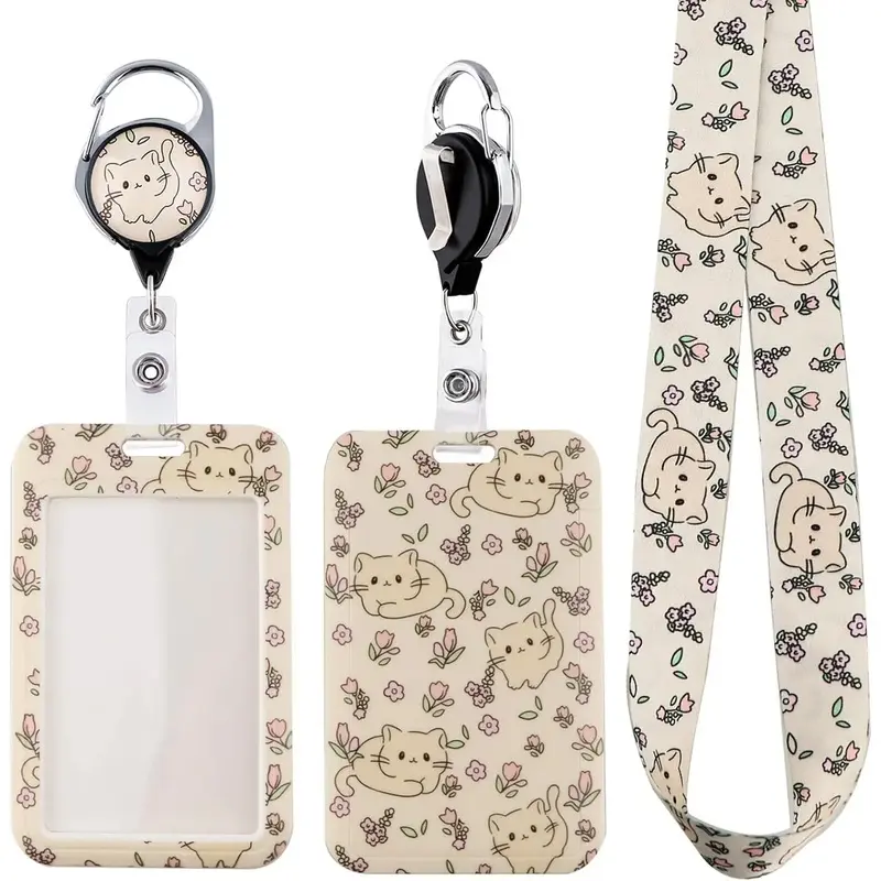 Teacher Lanyard with ID Holder - Cute Cats & Floral ID Card Lanyard, Retractable Badge Reel Clip, Name Tag Holder for Women Office School Identification Supplies