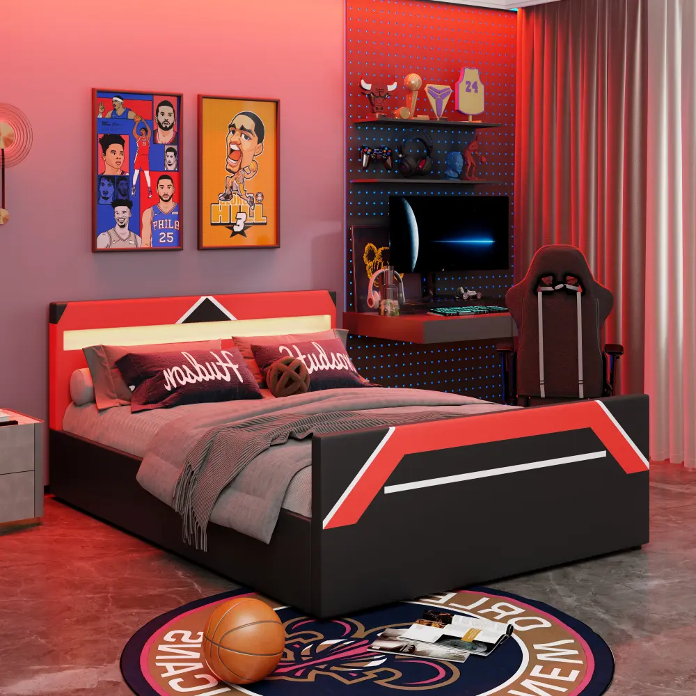 Queen Size Upholstered Cyberpunk Modern Geometric Gaming Bed Frame, 7-Color Changing LED Lights Headboard, Hydraulic Lift Side Storage Platform, Durable Cast Iron Sturdy Design, No Box Spring Needed, Assembly Required, Black+Grey/Purple/Red Options