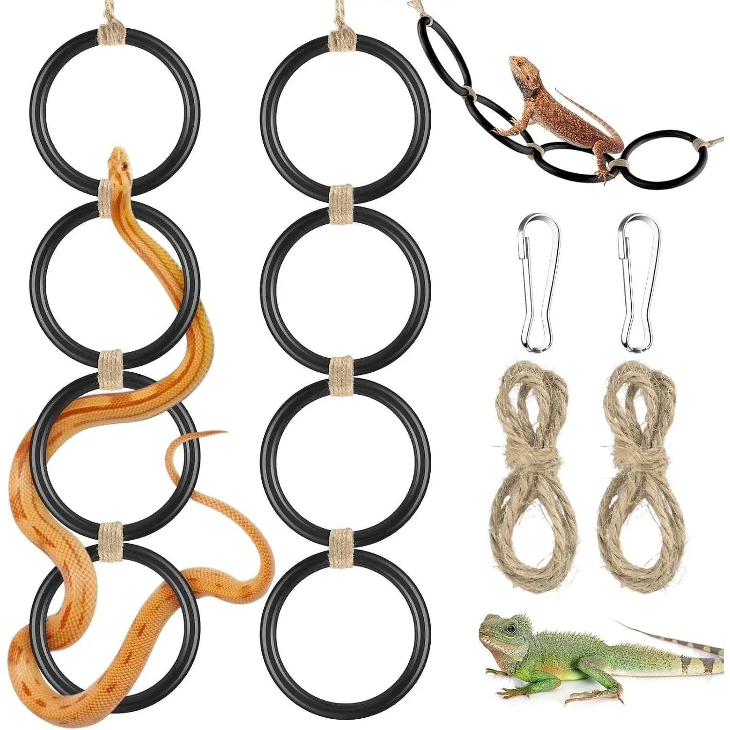 Snake Climbing Rings, Ball Python Enclosure Enrichment Ring, Adjustable Playground Terrarium Decor Accessories for Corn Snakes, Garter Snakes, Iguana, Lizards, Chameleons, Parrot (Black-2pcs)
