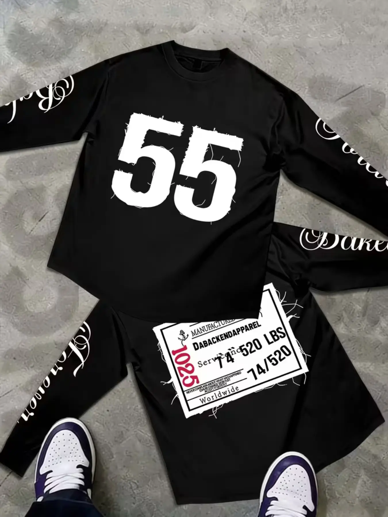 Men's Big Number 55 Graphic Long Sleeve Tee & Shorts 2 Piece Outfit, Vintage Cursive Print Streetwear Matching Set #tiktokmademebuyit