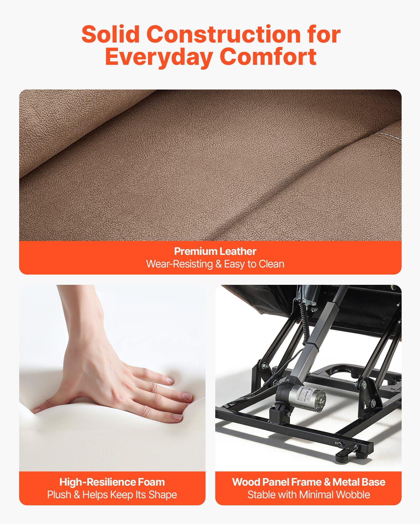 VEVOR Power Lift Recliner Chair, Dual Motor, Medium Wide Electric Lift Chair with Heat and Massage for Elderly, Infinite Position Adjustment, Leather Surface, with Storage Pocket, Cup Holder, Brown