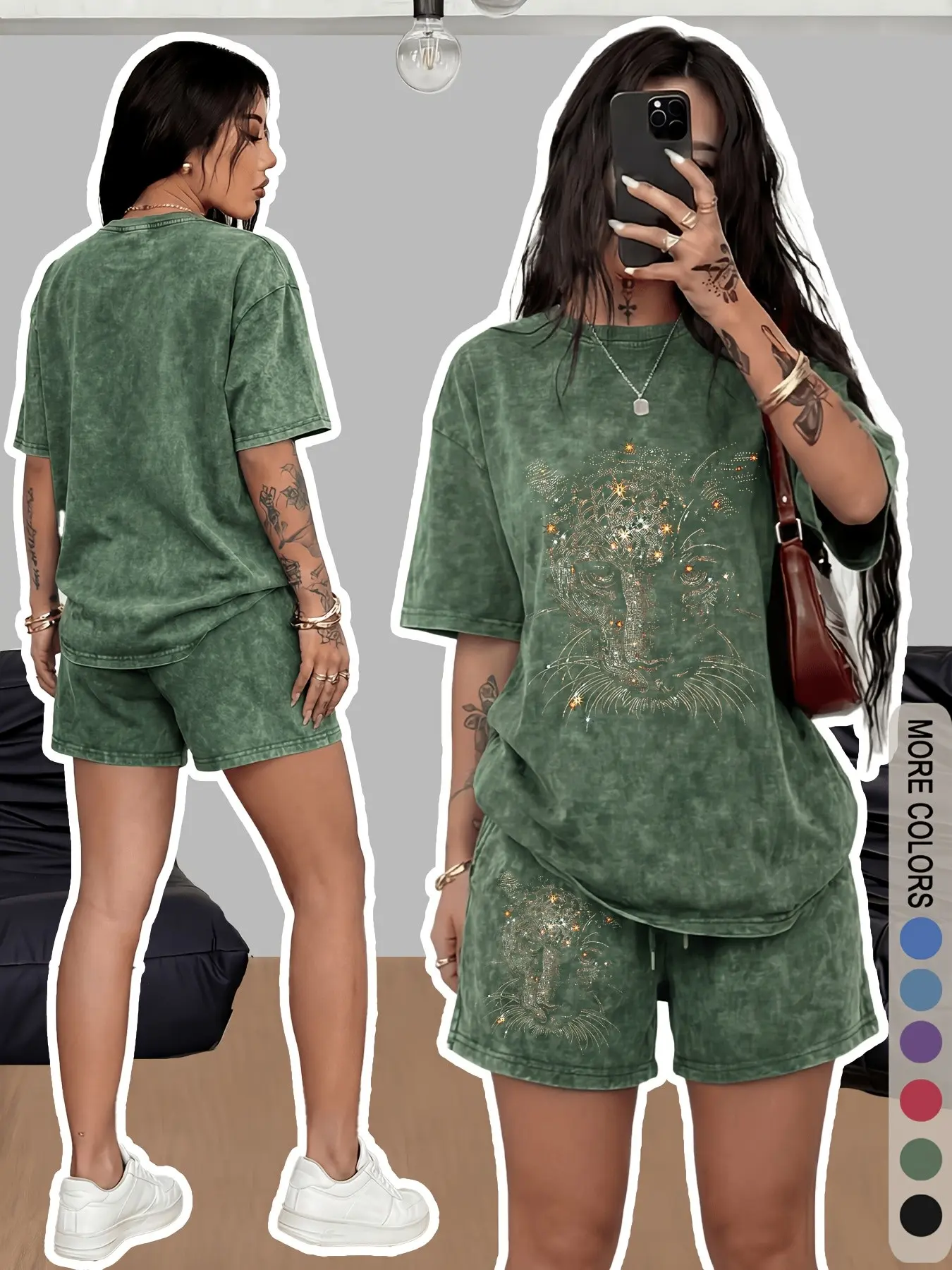 Set Casual featuring a washed, distressed texture and an elaborate leopard print with hot-fix rhinestones; durable and built for frequent daily wear—suitable for both lounging at home and commuting. Fashion Style Sets
