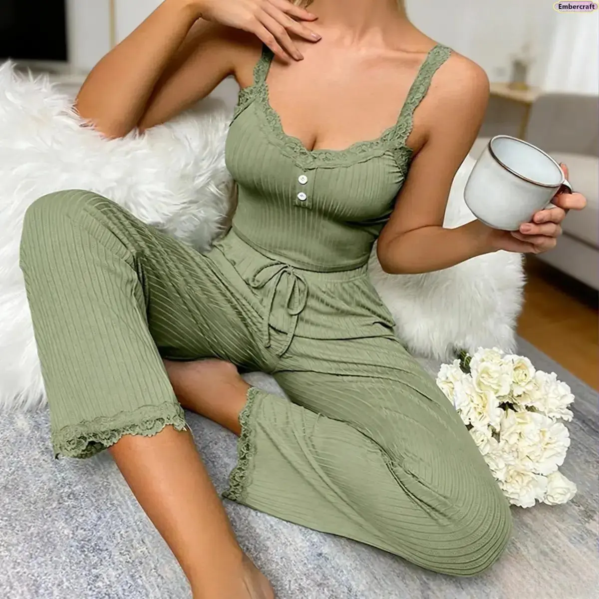 Women's 2-Piece Satin/Velvet Pyjamas Set - Sleeveless Lace Trim Cami Top, Lightweight Loose Long Pants, Soft Breathable Matching Loungewear for Sleeping, Home Relaxation, Pajamas, Nightwear, Pj Sets For Women