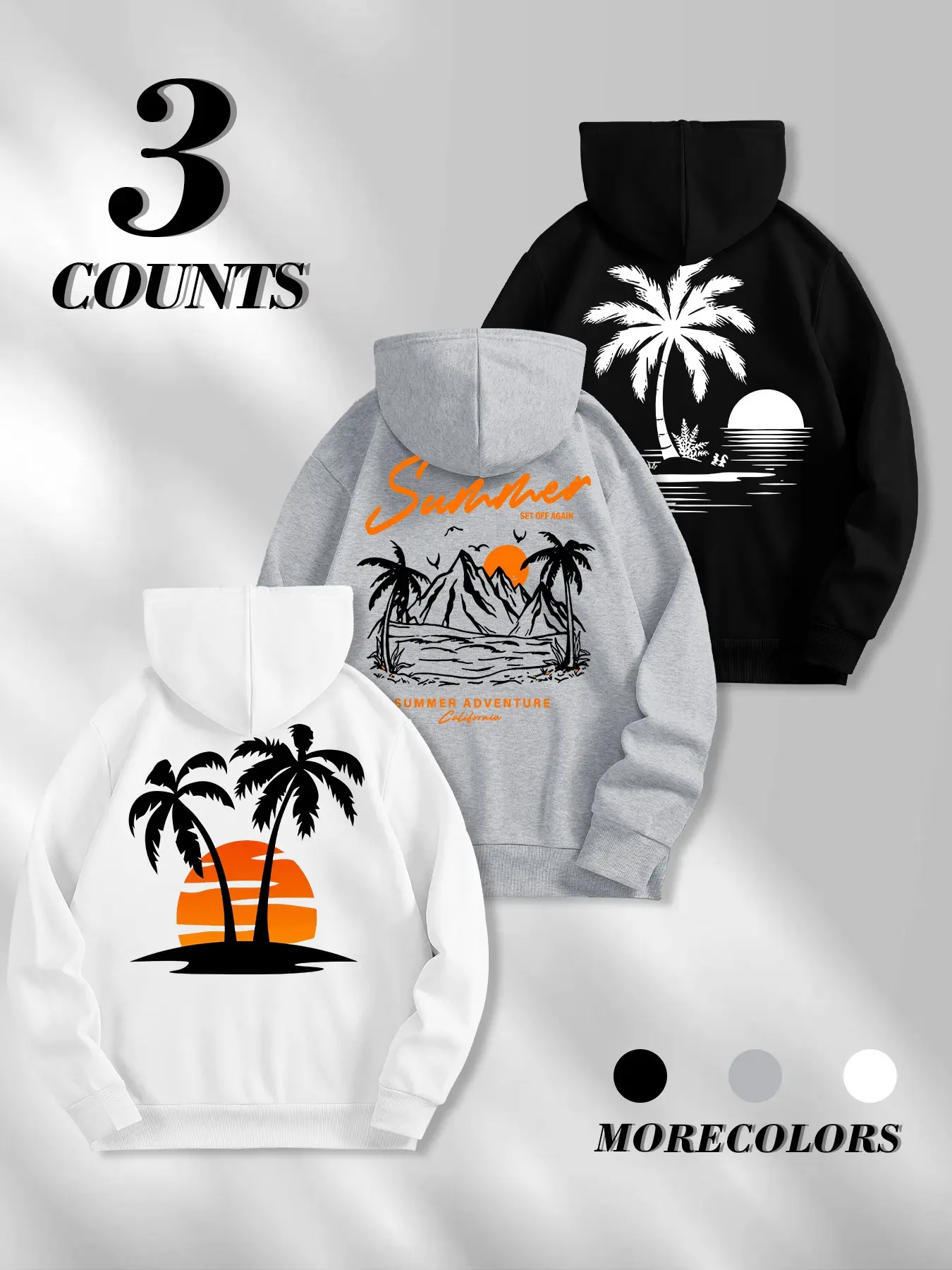 Three-piece summer palm sunset mini print men's hooded pullover hoodie, loose and casual island style pullover shirt, Relaxed Fit