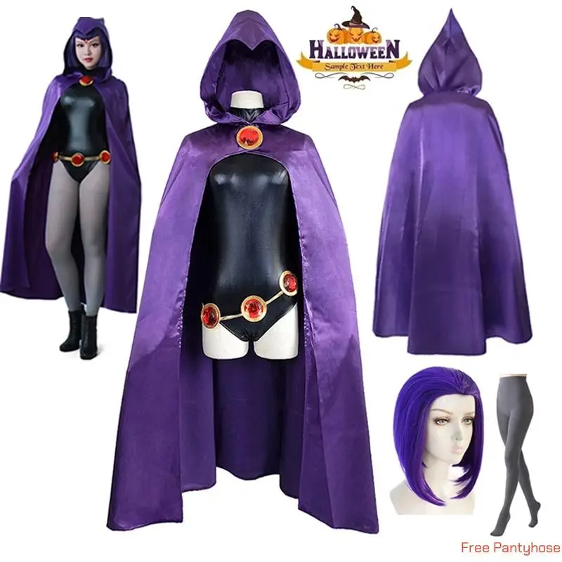 Women's Teen Titans-Raven Cosplay Bodysuit, Purple Cape with Belt, Halloween Garment for Girls, Women's Clothes Cosplay Outfit
