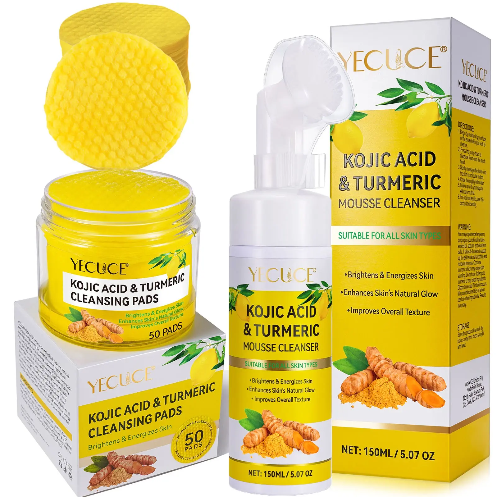 YECUCE Kojic Acid & Turmeric Cleansing Set – Exfoliating Pads + Foaming Cleanser 150ml. Kojic Acid + Turmeric Brighten and Gently Exfoliate. Pads Come with a Clip for Convenient, Hygienic Use. Morning and Night – Leaves Skin Soft, Clear, and Radiant.
