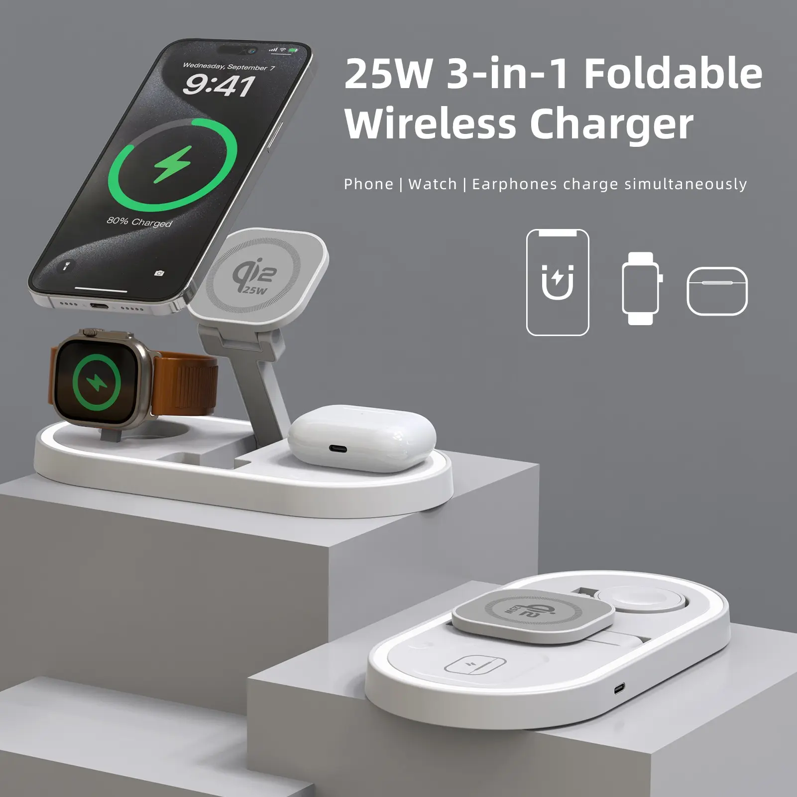 25w Three-In-One Wireless Charger, Qi2.2, Compatible with iPhone 17-12, AirPods 2/3/4/pro, Apple Watch 2-11/ultra/se Series