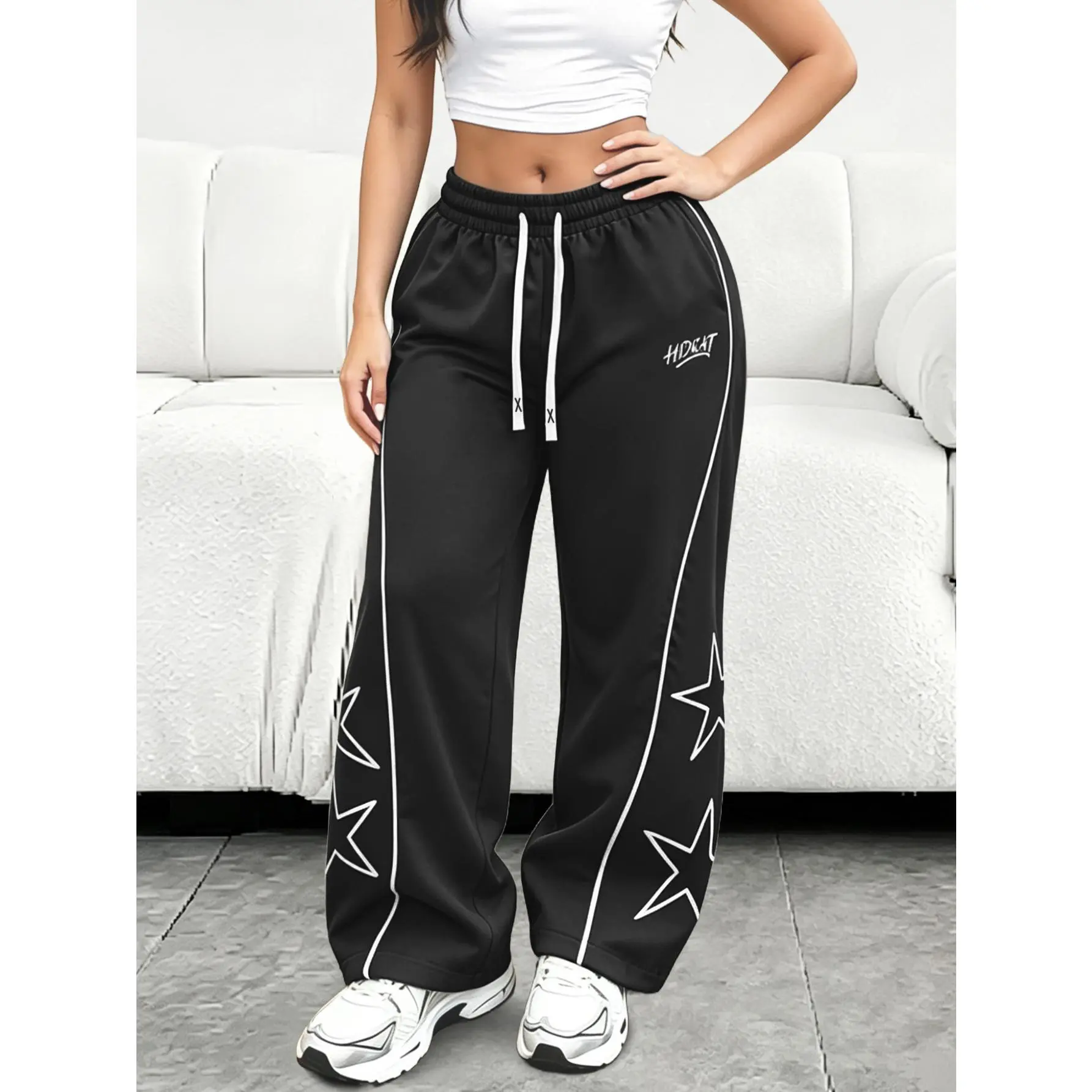 Women's Spring-Fall Star Embroidery Joggers, Elastic Adjustable Drawstring Waist Bottoms, Comfortable Everyday Style Trousers for Outdoor Leisure Wear