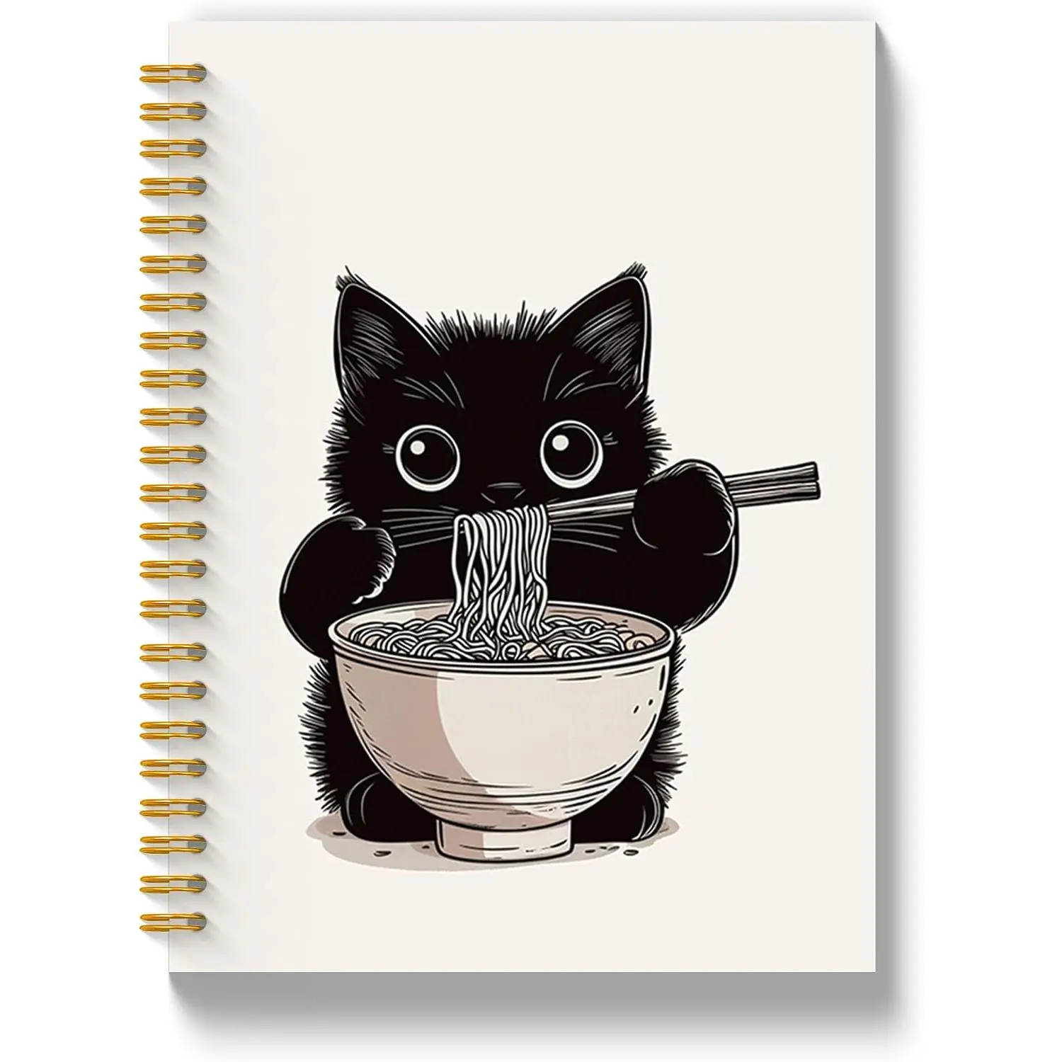 Noddle Black  Notebook Journal 5.5x8.3 Inch,  Lover Gifts, Cats Office Supplies, Cute Black Kitten Eating Ramen Hardcover Spiral Notebook Journal