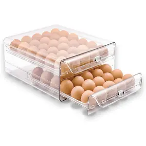 Egg Holder for Refrigerator 60 Eggs Clear Drawer Organizer 2 Layer Stackable Egg Trays Egg Storage Container with Time Scale for Fridge Countertop Cabinet
