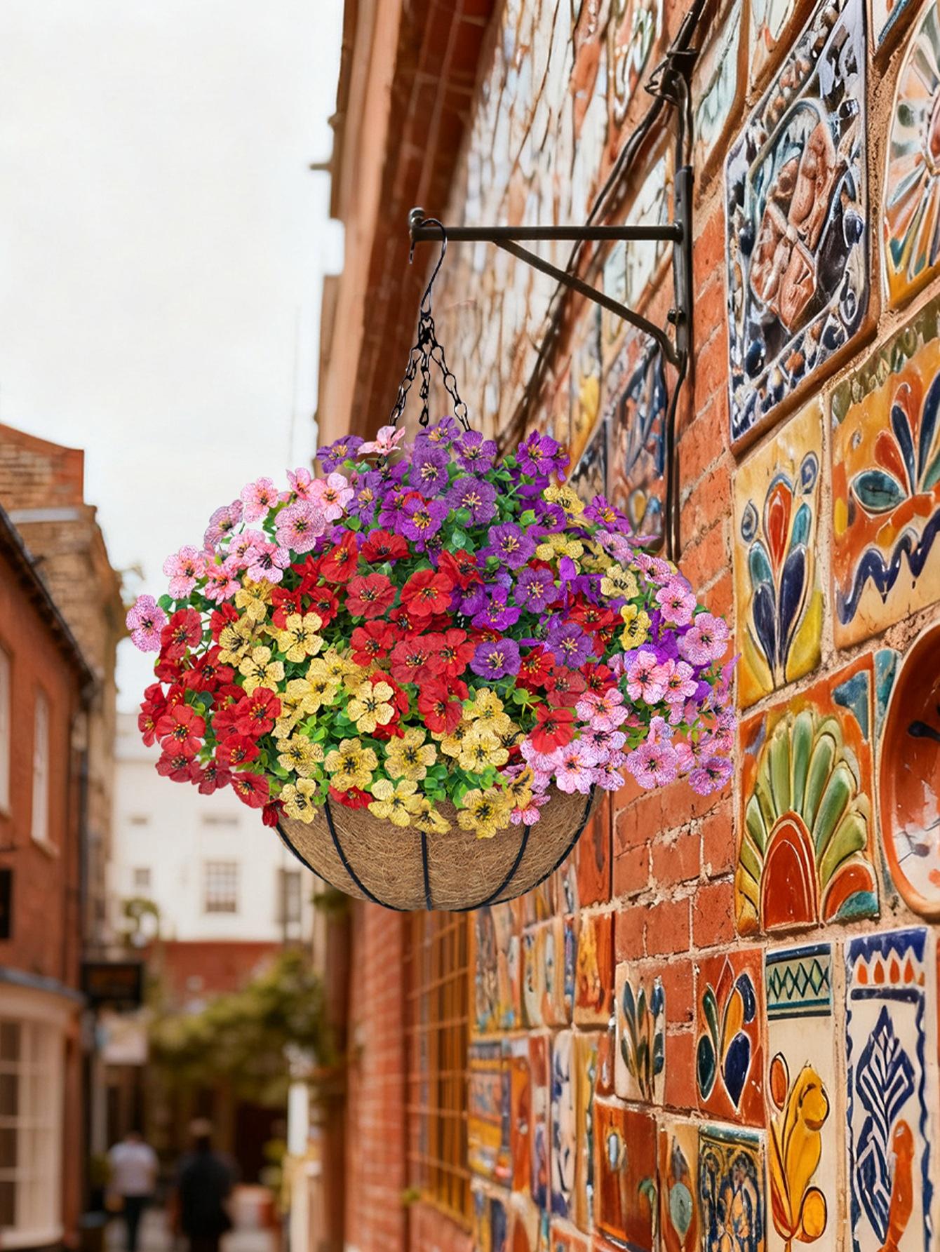 Violet artificial flower hanging basket, iron art hanging decoration, flower basket pendant for wall, door, and outdoor decoration, artificial plants and fake flowers