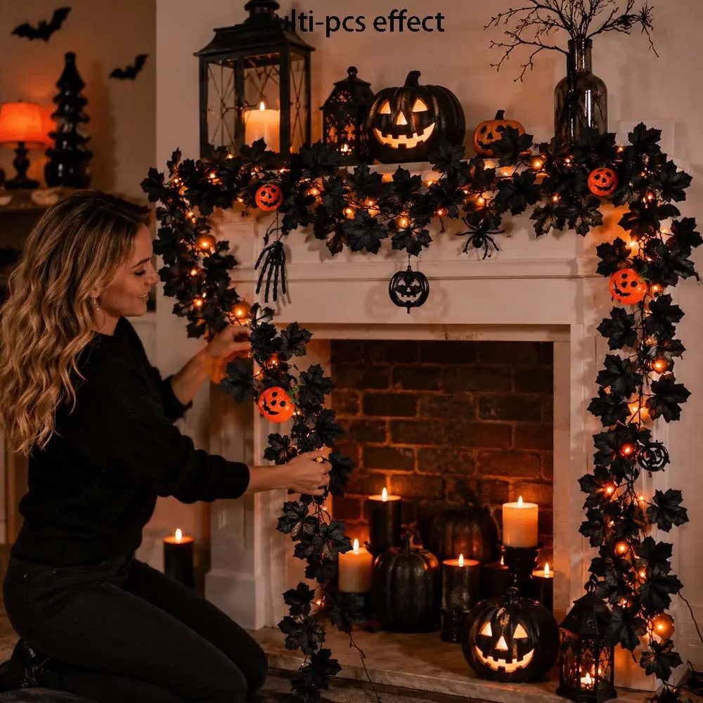 Halloween Maple Leaf Vine Set, 2 Pieces 78.7 Inches, Pumpkin Spider Decor, Festive Home Decoration, Perfect for Home, Party, Porch Decoration, Spooky Holiday Atmosphere