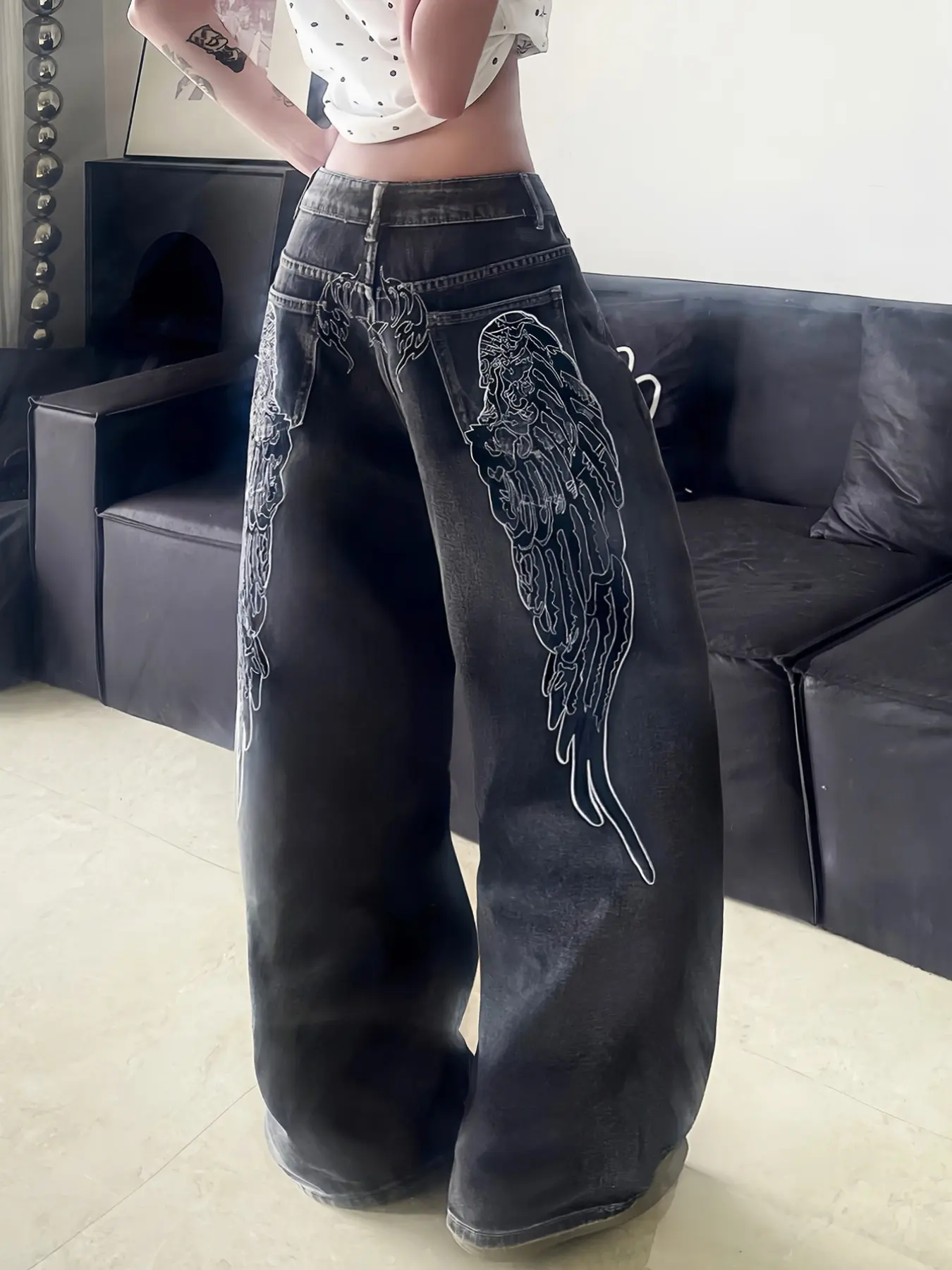 Women's High-Waisted Jeans, Flowy Trouser Jeans, Trendy Angel Wings Embroidery, Comfortable Loose Fit, Slimming Wide Leg Long Pants, No Belt Included