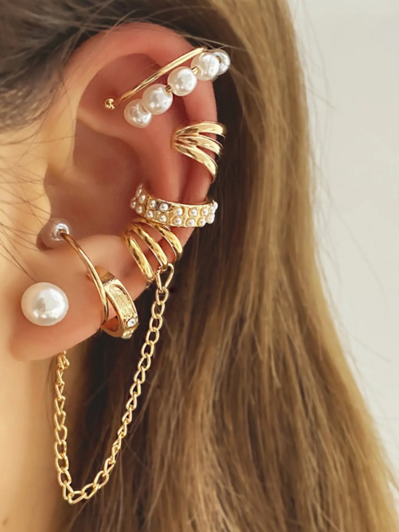 Women's Earring Set, Artificial Pearl Rhinestone Clip-On Earrings, Stackable Cartilage Earrings, Fashion Jewelry Gift, Boho Style Jewelry