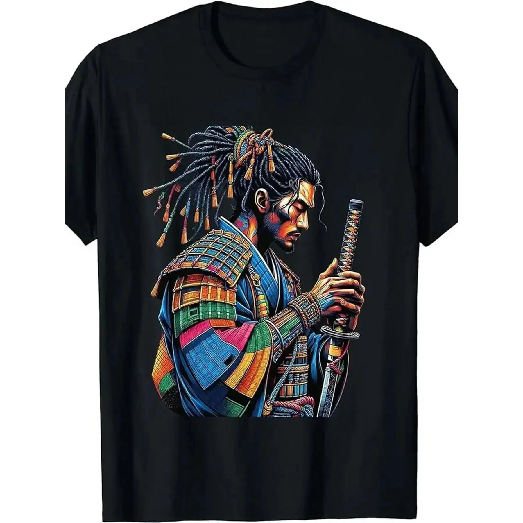 Men's Cotton Loose-Fit Short-Sleeve Streetwear T-Shirt - Kenya Fusion African Heritage Samurai Warrior Print Menswear Top, Martial Arts Sports Casual All-Season Cultural Pride Apparel, Shortsleeve