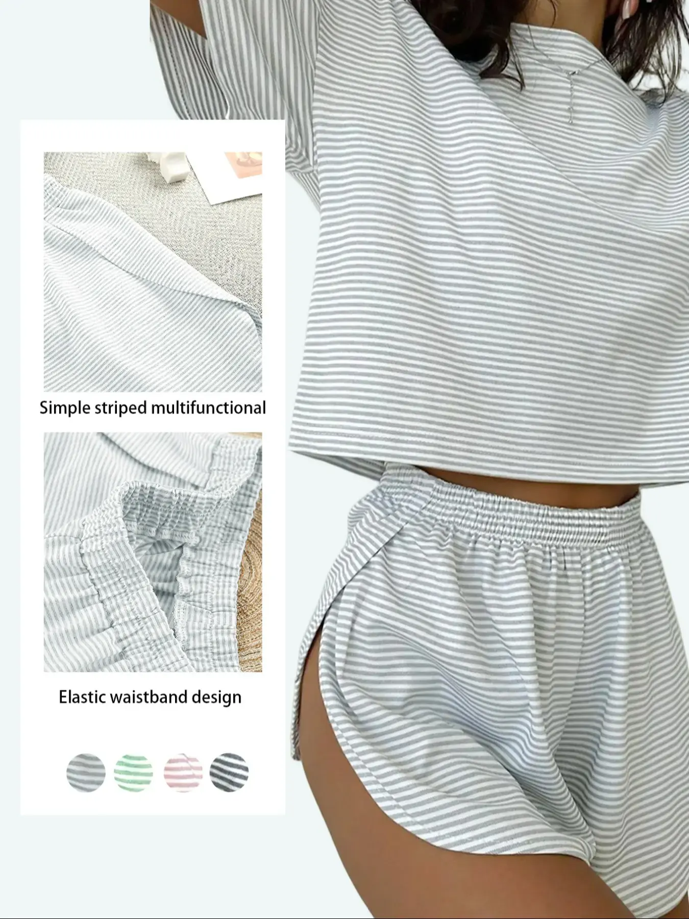 2-Piece Set Striped Casual Loose Knit Round Neck Long Sleeve Top & Side Split Shorts, Halloween Cartoon Design, All Seasons Wear, Womenswear, Outfit, co-ord sets for women, loungewear set, Pj sets for women, Matching Shorts Set