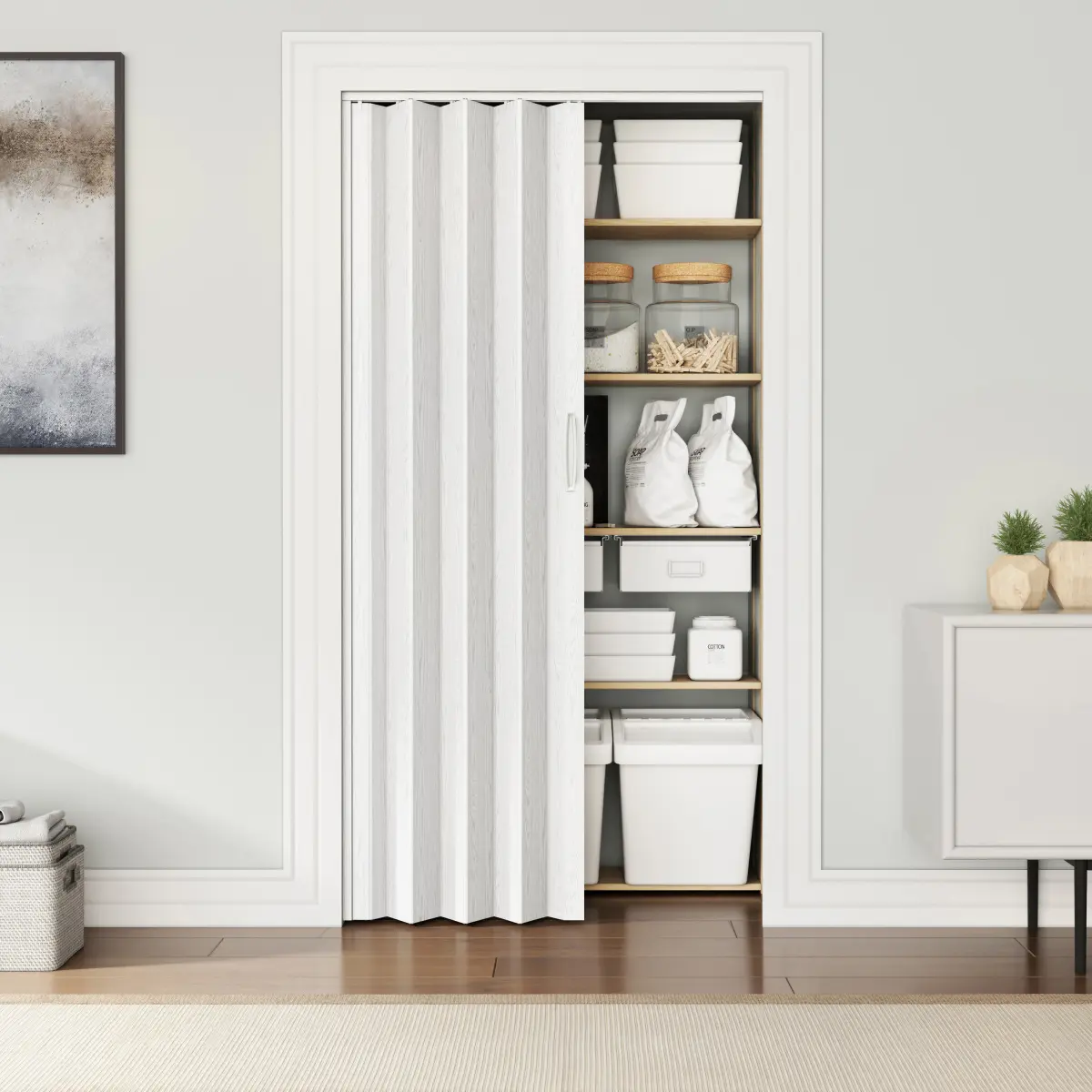Durable PVC Accordion Folding Door - 32" W Trimmable, UV Resistant, Space-Saving Indoor Home Sliding Door for Closets, Bedrooms