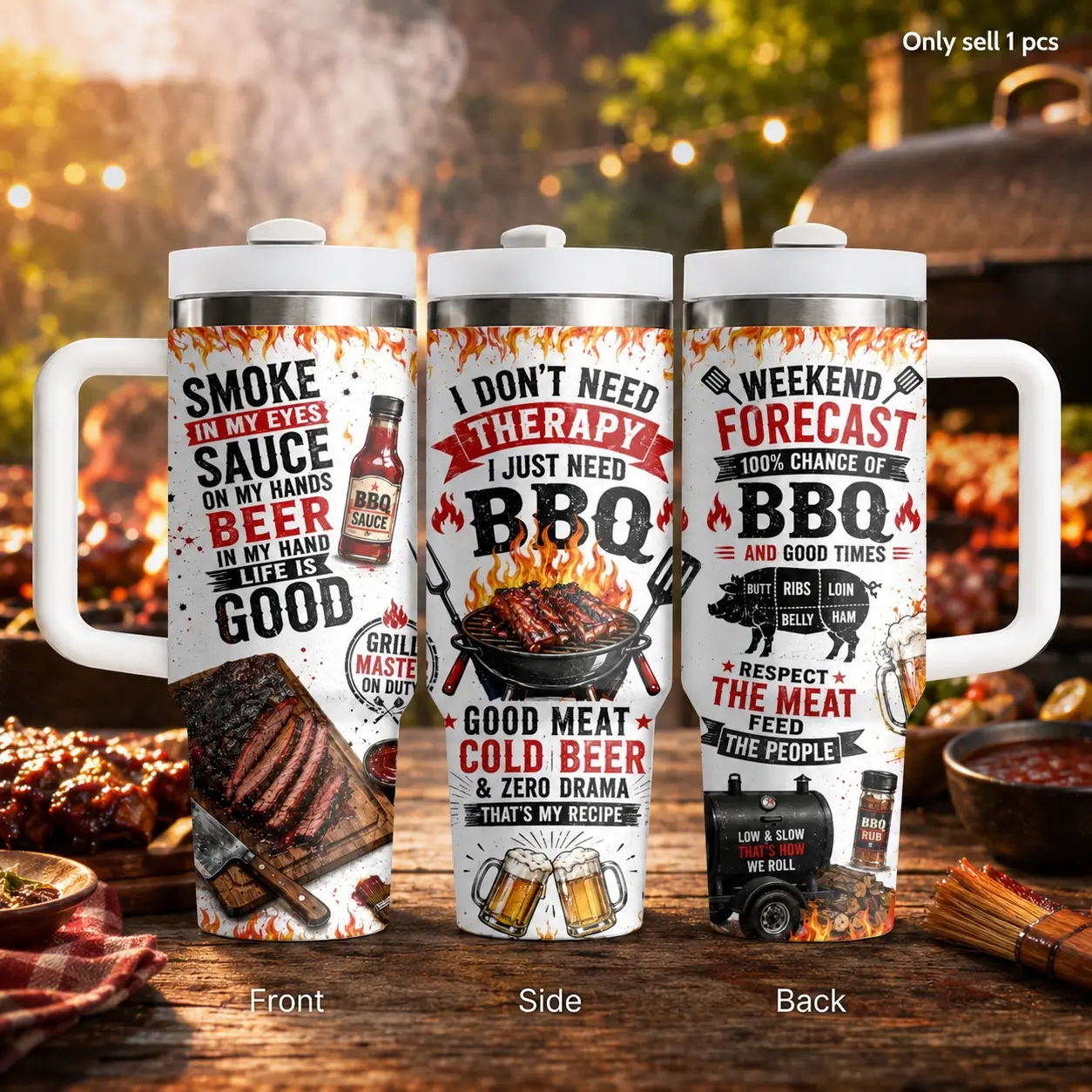 Certified BBQ Ologist 40oz Insulated Tumbler, Grill Master Travel Cup with Handle, Straw and Leakproof Lid, Large Stainless Steel Hydration Mug for Backyard Parties, Smoker Fans and Birthday Gifts for Dad