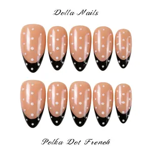 Dolla Nails Press-On Tips, 100% Handmade Reusable Gel Manicure, 3D Almond Decorated French Tip with Polka Dots, Easy Nail Art for Casual Wear