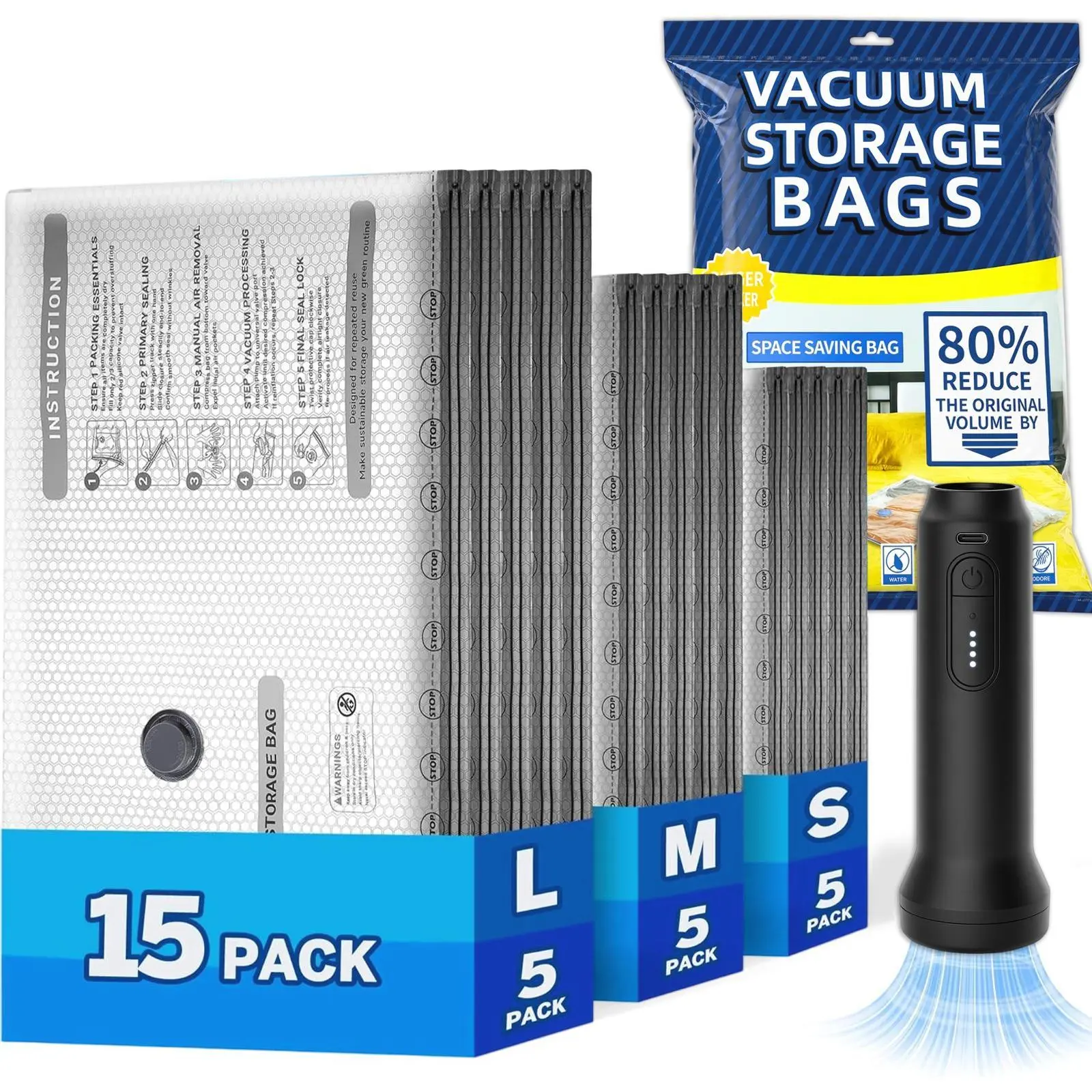 Vacuum Bags for Travel with Rechargeable Electric Pump, 15 PCS  Storage Bags Vacuum Sealed, Space Saver Bags Carry-on Size Compression Packing Bags for Luggage and Suitcase