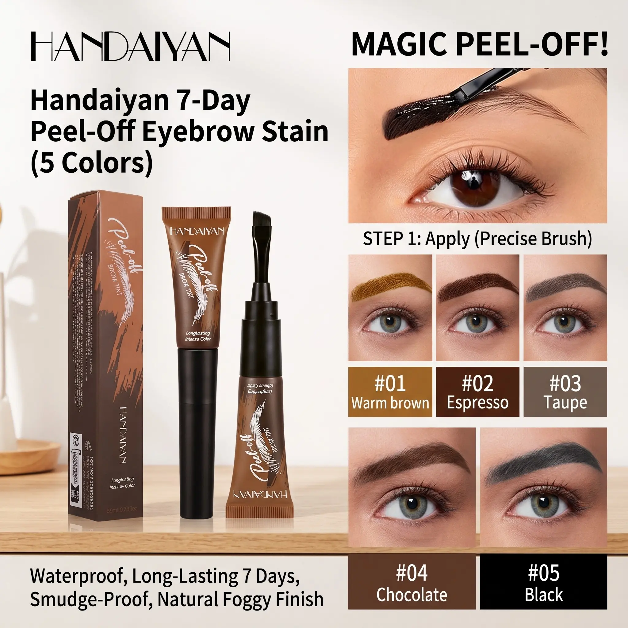 Handaiyan 7-Day Peel-Off Eyebrow Stain | 5 Colors Waterproof Long-Lasting Eyebrow Dye Paste Brow Tint Gel, No-Smudge Lazy Girl Makeup