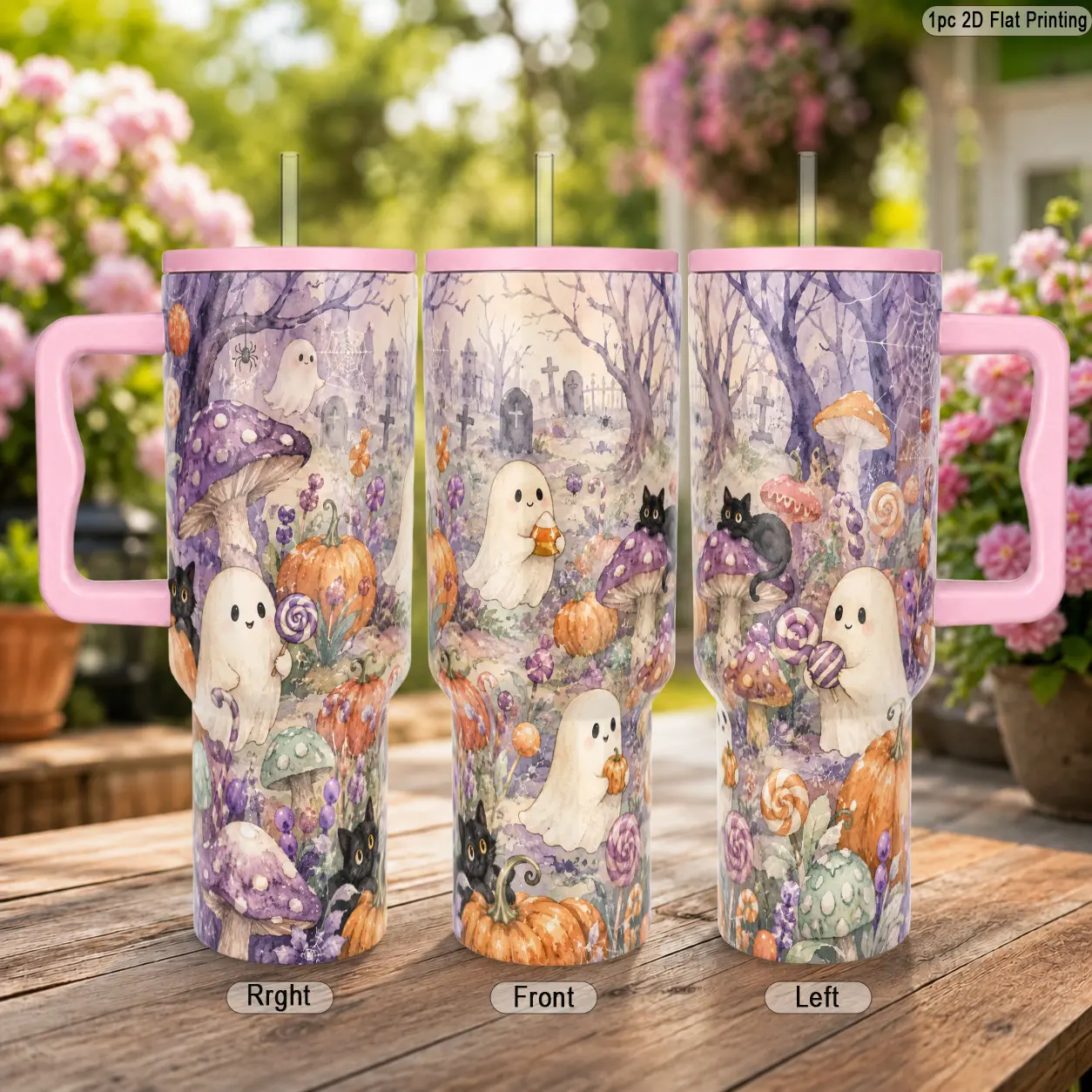 40oz 304 Stainless Steel Vacuum Insulated Ice Tumbler, Whimsical Fairycore Halloween Ghost Mushroom Candy Pattern, with Comfort Grip Handle Straw Leak Proof Lid, Suitable for Iced Latte Boba Tea Juice, Nice Surprise Gift for Family Coworker