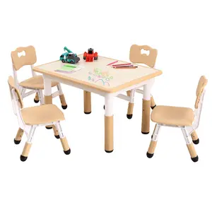 Table and 4 Chairs Set, Toddler Height Adjustable Desk with Graffiti Desktop, Non-Slip Legs,Arts & Crafts Table,Children Multi-Activity Table