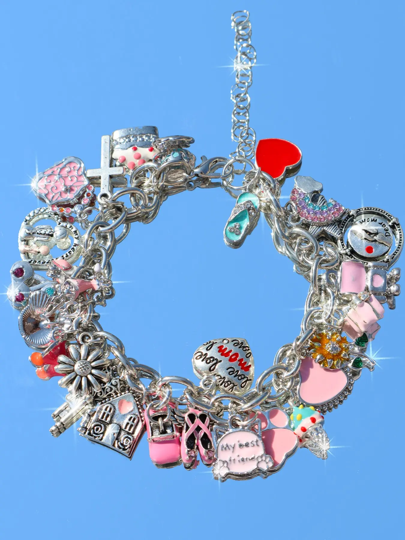 Vintage Heart Flower Charm Bracelet, Retro Cross Bag Bracelet, Cute Cherry Cocktail Coconut Bracelet, Fashion Jewelry Accessory, Fashionable Bracelet Style