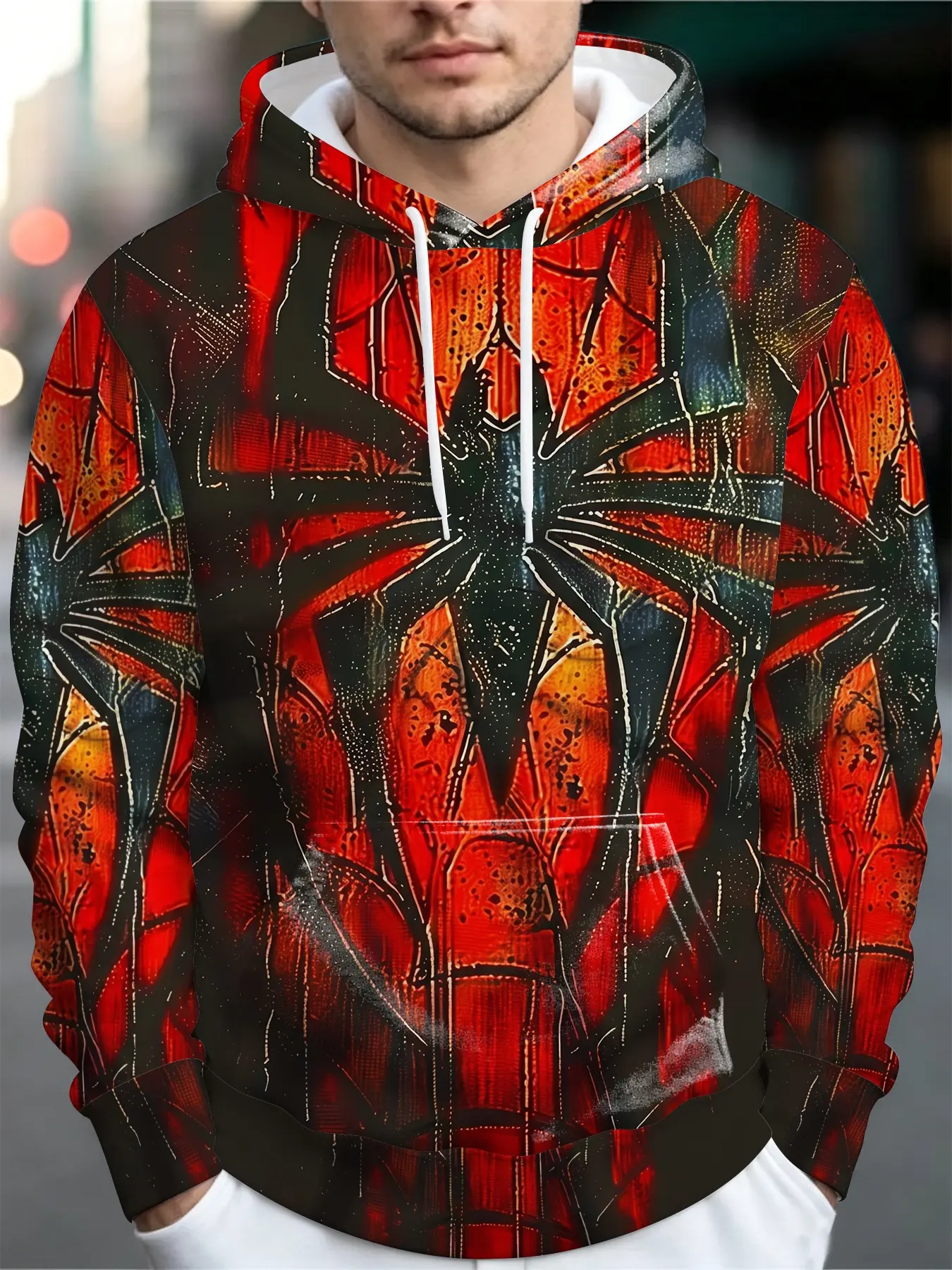 Vintage Distressed Spider-Man Web Print Hoodie, Casual Loose-Fit Pullover Hooded Sweatshirt for Trendy Men