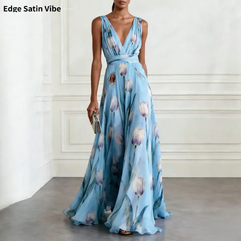 Women's Sleeveless V-Neck Tulip Print Formal Evening Gown - Lady-Fit, Graceful Plus Size Dresses for Women, Wedding Guest Formal Dress