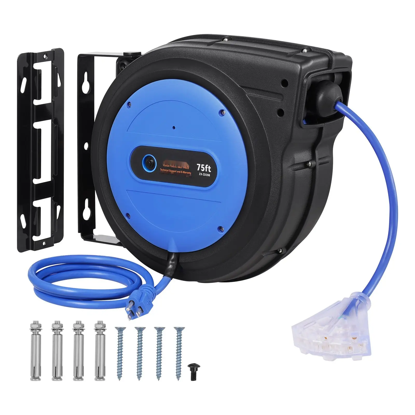 Retractable Extension Cord Reel, Portable Power Cord Reel, 75-Foot Length, 14 AWG, 3-Conductor SJTW Outdoor Rated Cable, Auto Retracting Reel For Workshop, Garage, Patio, Yard, Cord Management And Safe Electrical Use
