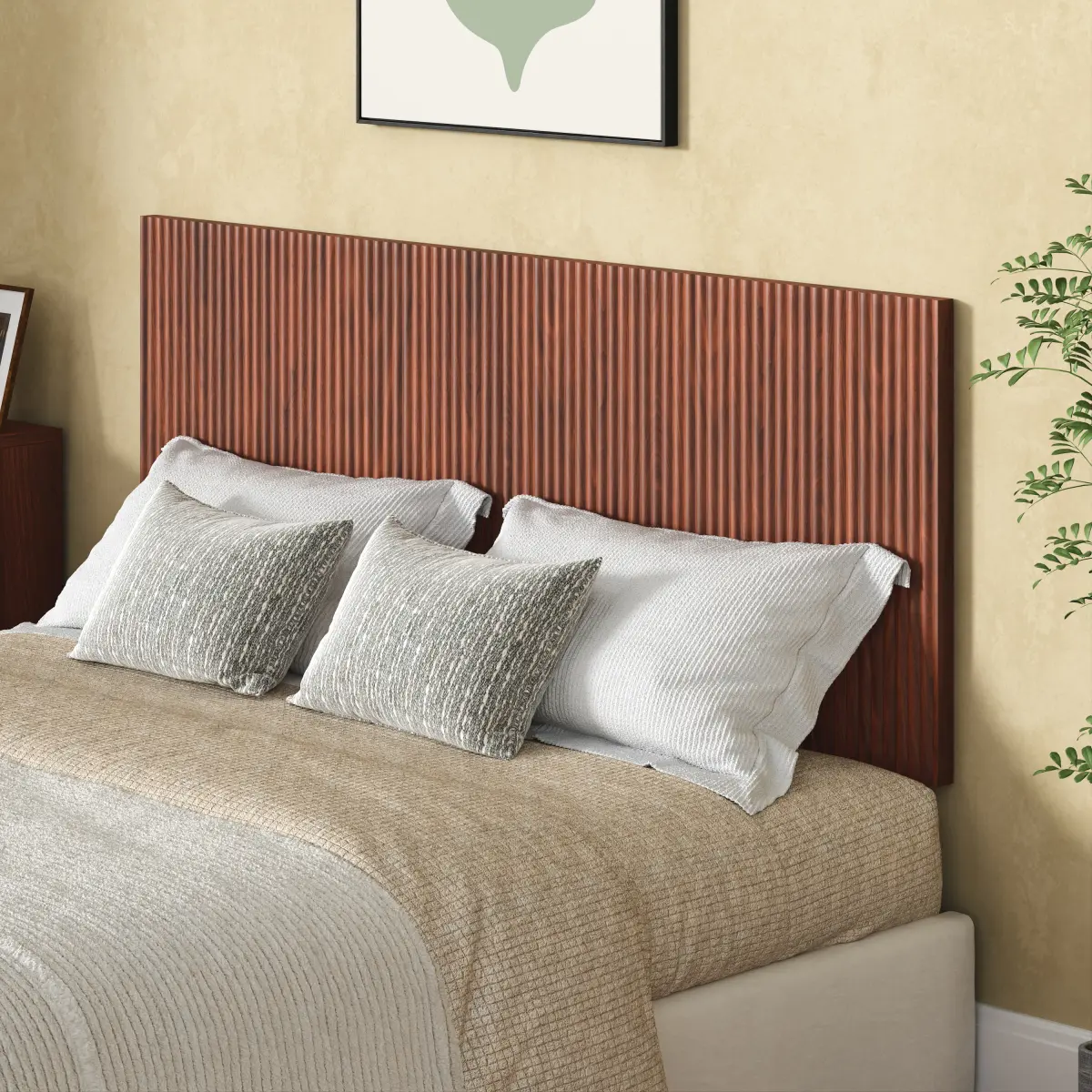 Walnut Premium MDF Wall-Mounted Headboard - Boho Wavy Modern Wooden Headboard, 60.8" Wide Slim Panel for Queen Bed, Tool-Free Assembly, Space-Saving, Smooth Scratch/Dent-Resistant Surface, Versatile Bedroom Styling