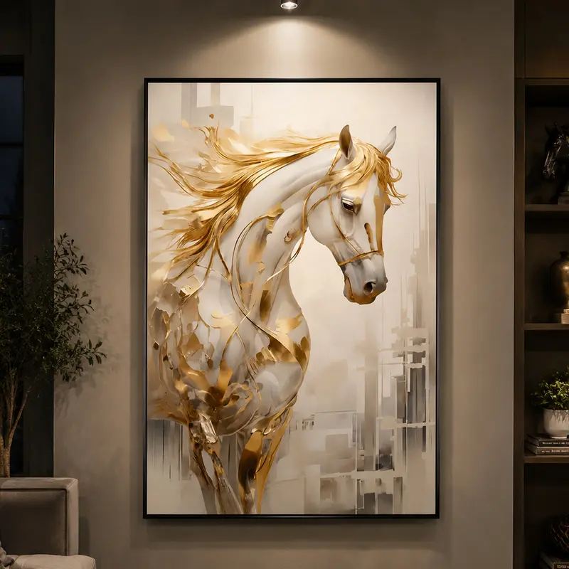 Modern Vintage Golden Horse Canvas Print, Abstract Horse Wall Art, Luxury Animal Poster, Modern Home Decor, Living Room Bedroom Wall Decor, Contemporary Wall Art, Elegant Equestrian Artwork, Luxury Interior Decor, Neutral Aesthetic Wall Art, Statement Wal