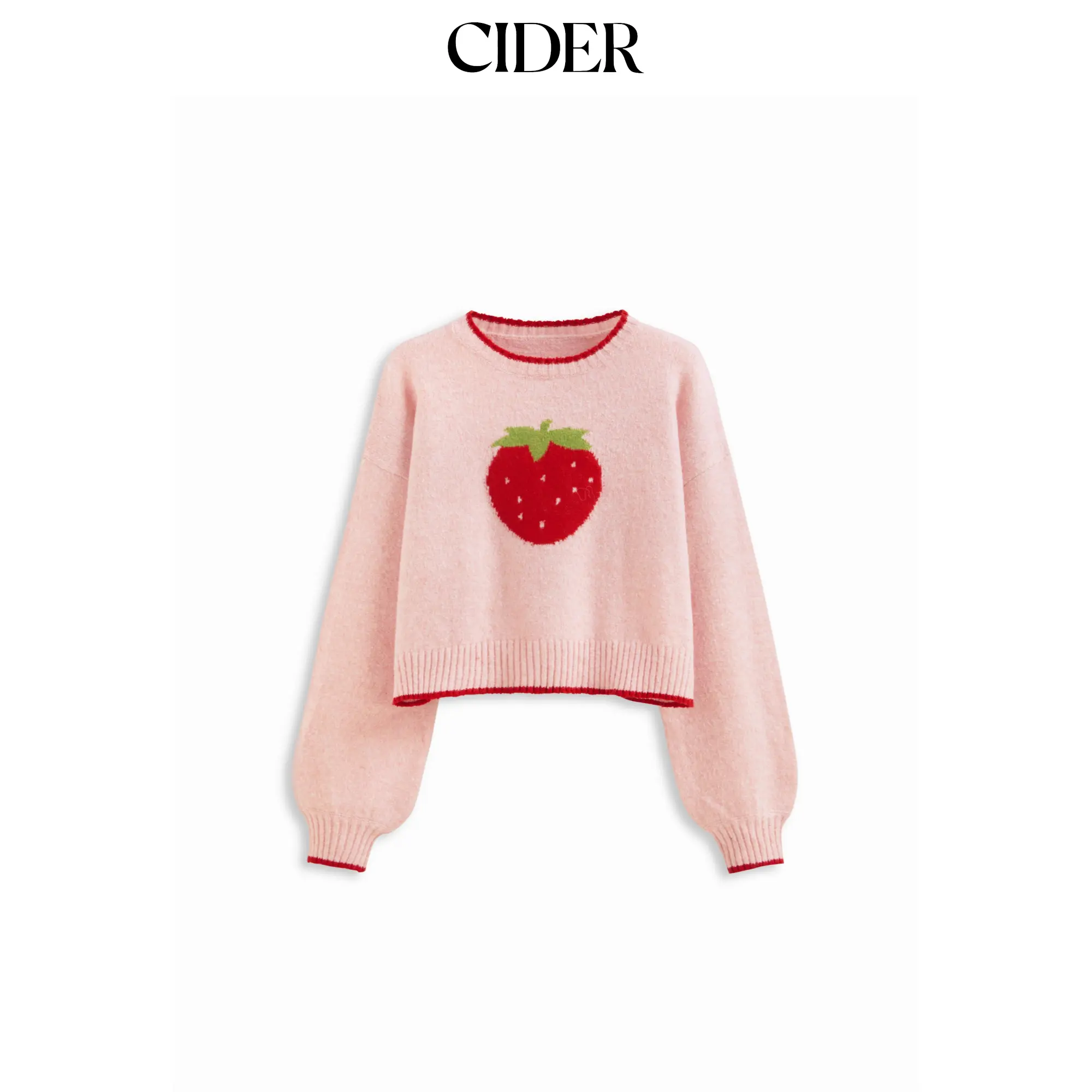 Cider Knit Strawberry Pattern Contrasting Binding Round Neckline Long Sleeve Oversized Top SohoChic
