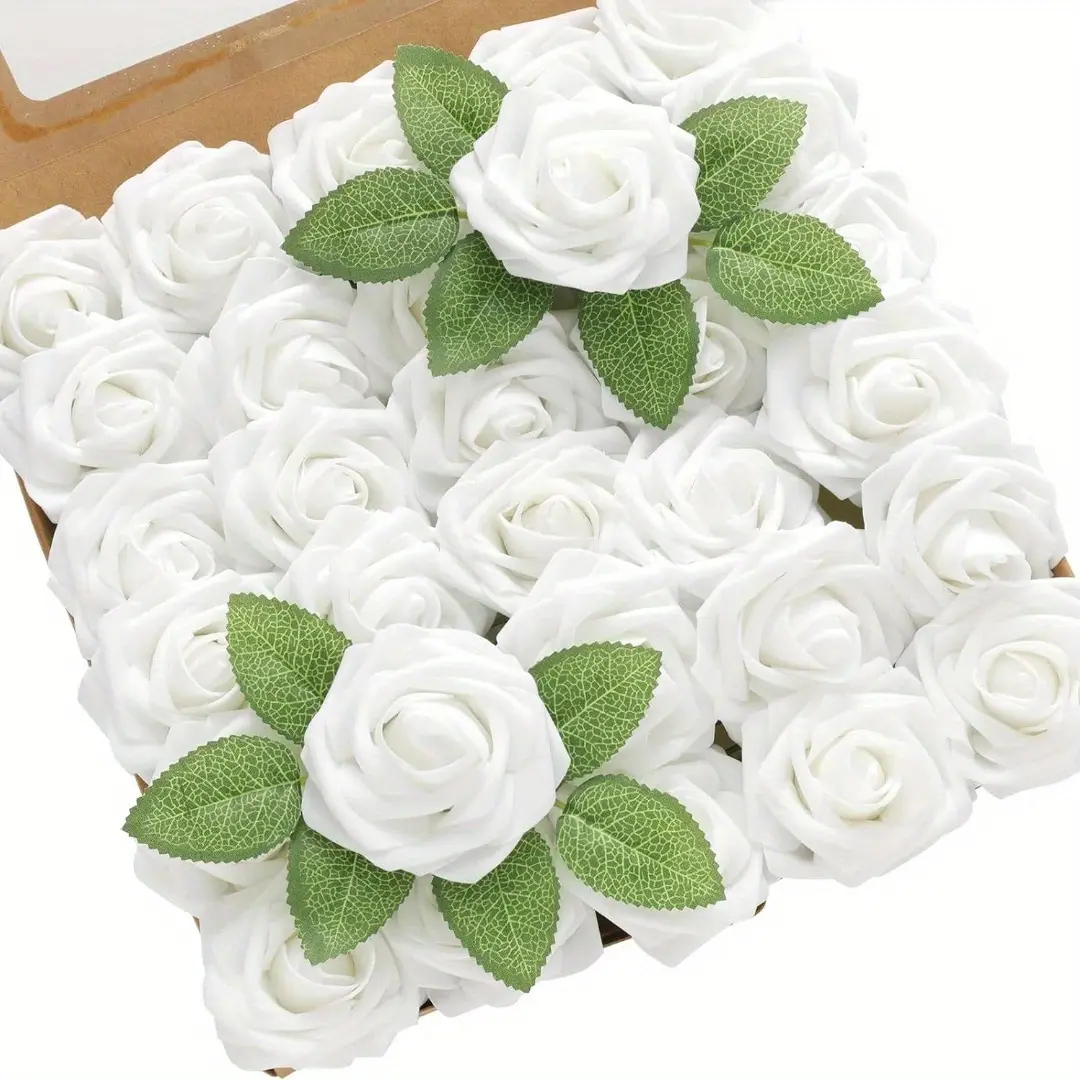 50pcs White Artificial Roses Flowers with stem 8pcs Green Leaves Real Looking Fake Roses Artificial Foam Roses Decoration DIY for Wedding Arrangements Party Home Decoration Wedding Bouquets Bridal Shower Floral Arrangements Party Home Table Decors
