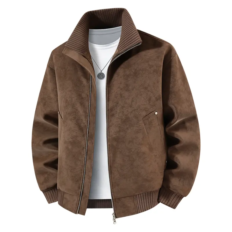 Men's Faux Suede Bomber Jacket - Ribbed Stand Collar Harrington Coat, Luxury Velvet Texture, Full Zip Menswear Tops, Polyester Outerwear with Rib-Knit Trim & Pocket Detail, Slim Fit Solid Casual Wear for Modern Gentlemen