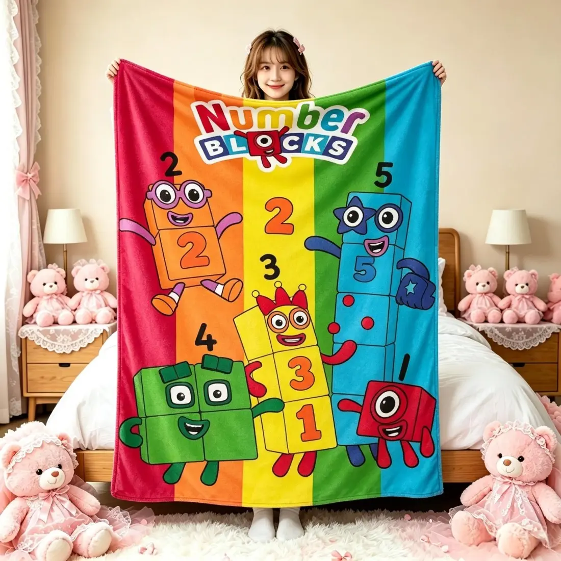 Numberblocks Classic Flannel Weave Throw Blanket, Cartoon Print 1-5 Number Educational Blanket, Soft Warm All-Season Cover for Home/Travel Indoor Use, Ideal Birthday Holiday Gift for Toddlers, Polyester, Soft Fabric
