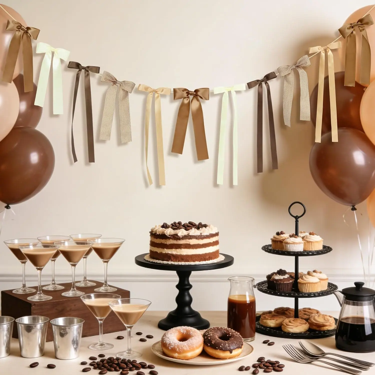 Synthetic Satin Brown Gingham Bow Ribbon Garland Banner - Cozy Cream Light, Durable, Espresso Theme Party Decor for Bridal Shower, Coffee Themed Celebrations