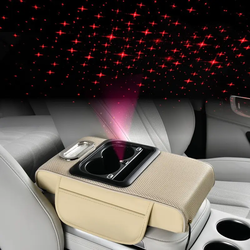 Four-In-One Car Console Tray, Mesh Material, Dual Cup Holder, Vehicle Storage Box, Phone & Napkin Organizer, Starry Laser Top, Charging Port