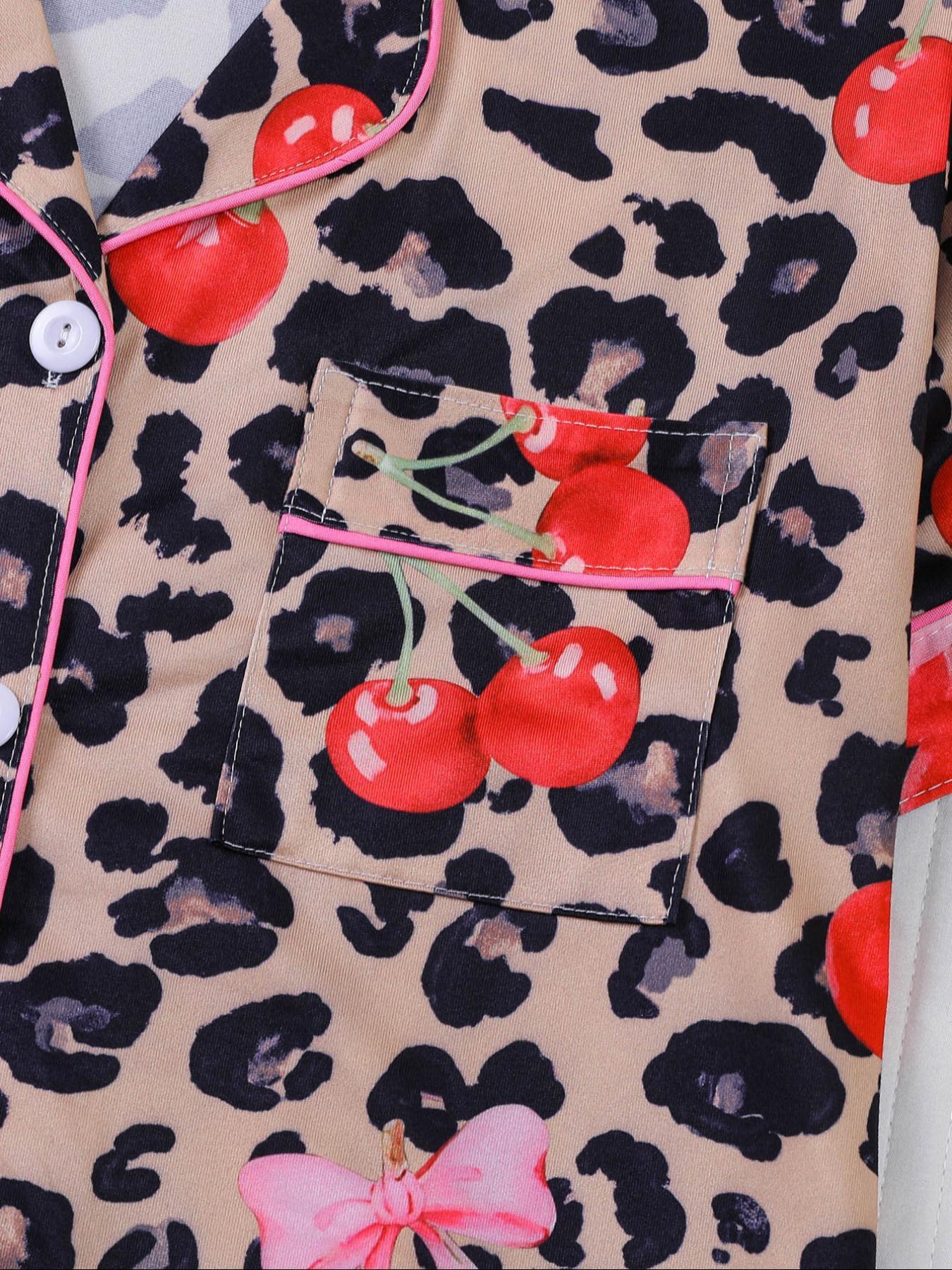 【Pink cherry】Women's Leopard Print Cherry Bow Sleepwear Set, Short Sleeve Button Front Top & Elastic Shorts, Casual Home Wear, Party