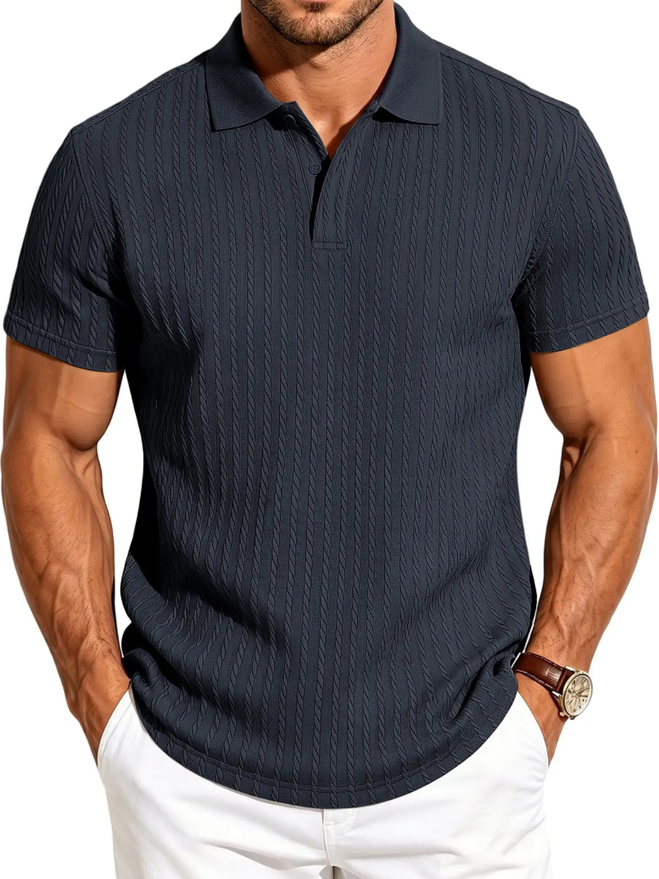 Men's Summer Jacquard Polo Shirt Top, Slim Fit Breathable Collared Short Sleeve, Mature Golf Style Versatile Solid Casual Menswear for Commute & Business, Multiple Colors & Sizes Available, Breathable Polo Shirts