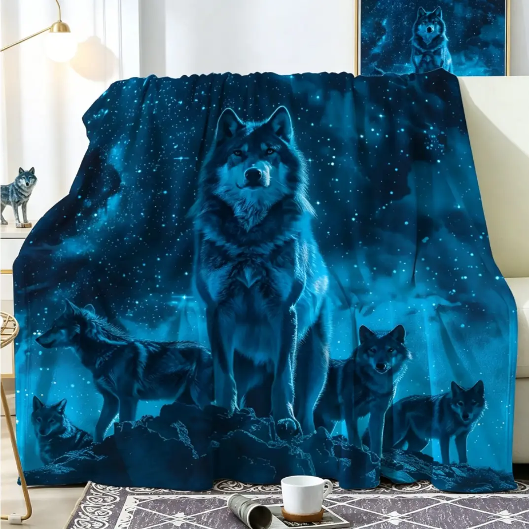 Super Soft Retro Wolf King and Starry Sky Printed Flannel Blanket, Wildlife Fleece Throw Blanket for Adults & Kids, Cozy Warm Plush Blanket for Sofa Bed Couch Office Travel, All Season Home Decor Gift, Nature Animal Lover Blanket