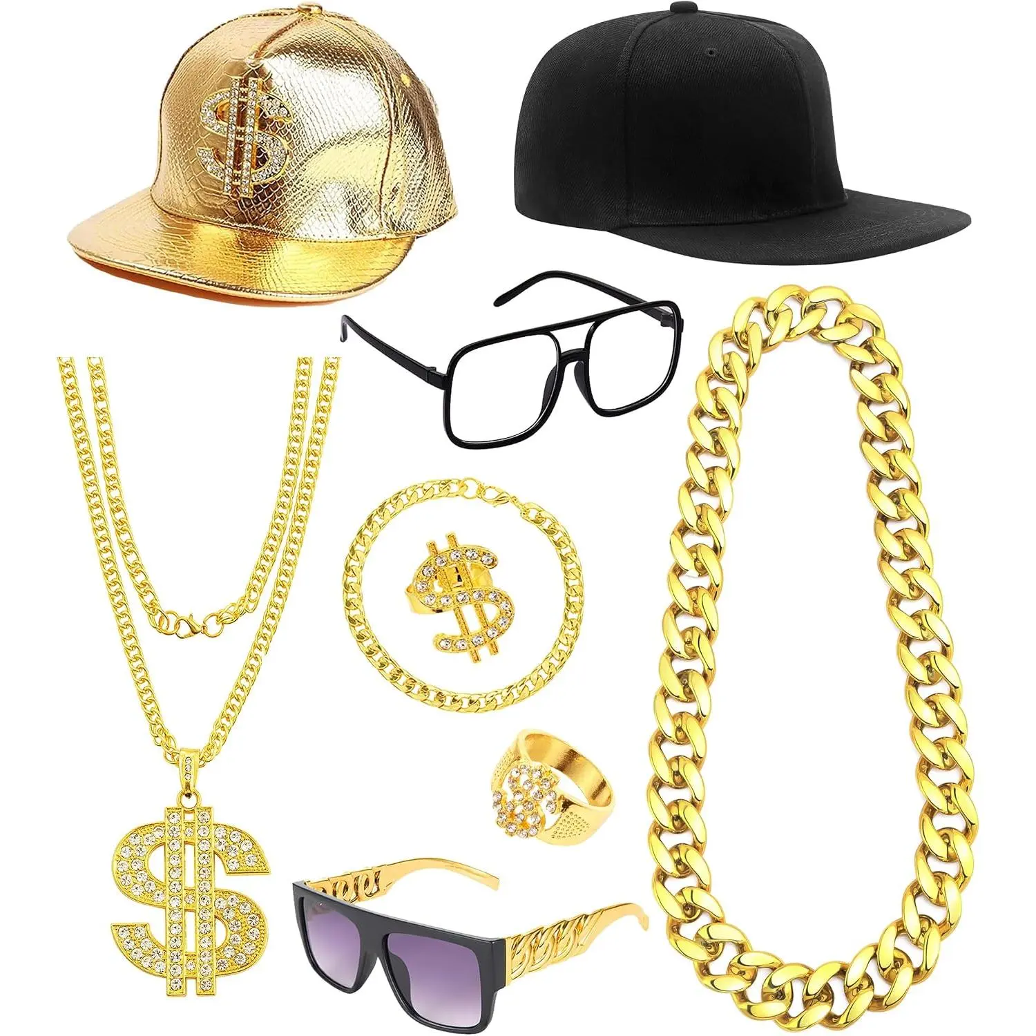 Hop Costume 80s 90s Outfit for Men Dollar Sign Necklace  Golden Chain Bracelet  Chain Rapper Accessories