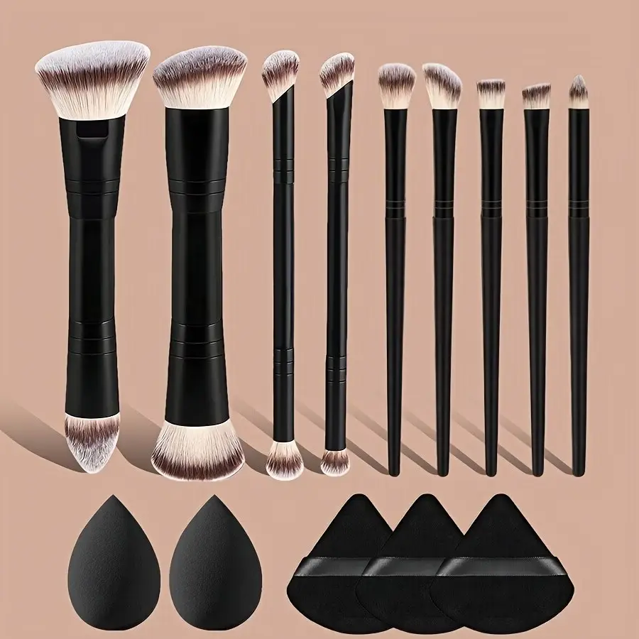 14-Piece Multi-Functional Makeup Brush Set, Full Face and Eye Brushes, Triangular Powder Puff Sponge, Portable Travel Kit