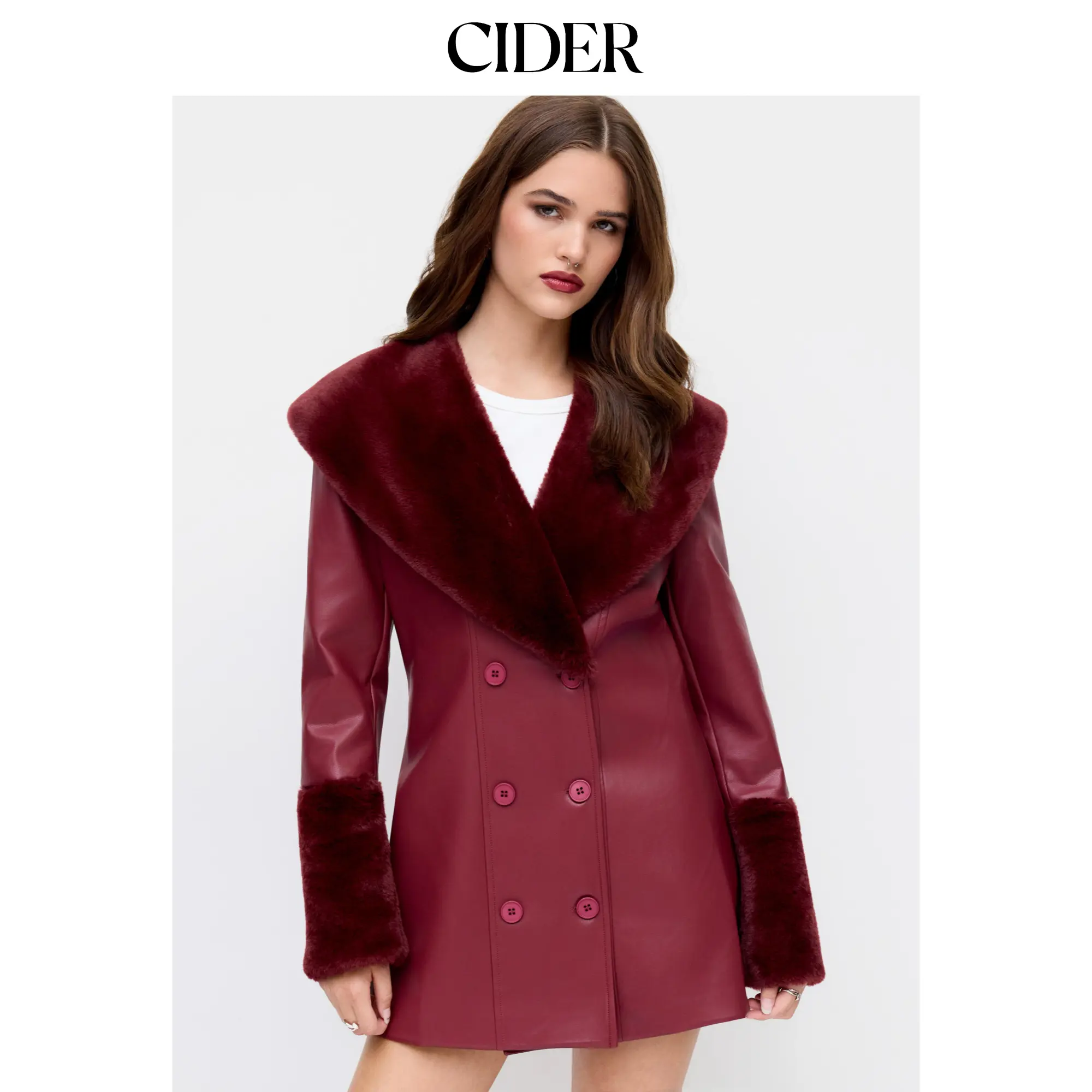 Cider Faux Leather Double Breasted Jacket With Fleece Collar & Cuffs SummerFinds