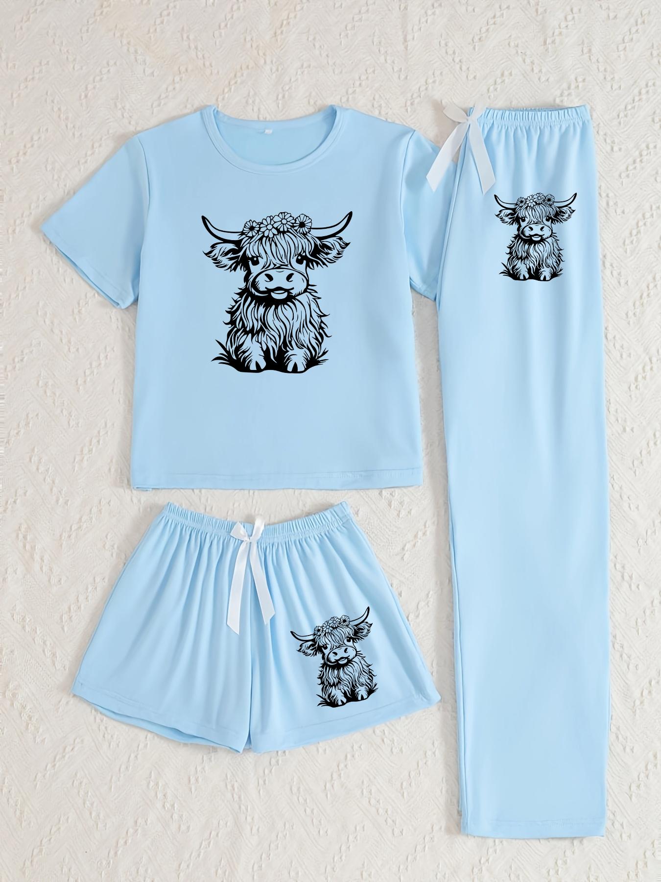 Women's Cow Print Round Neck Short Sleeve Tee & Shorts & Pants Pyjama Set, Pajamas, Casual Comfy Ladies Sleepwear for All Seasons