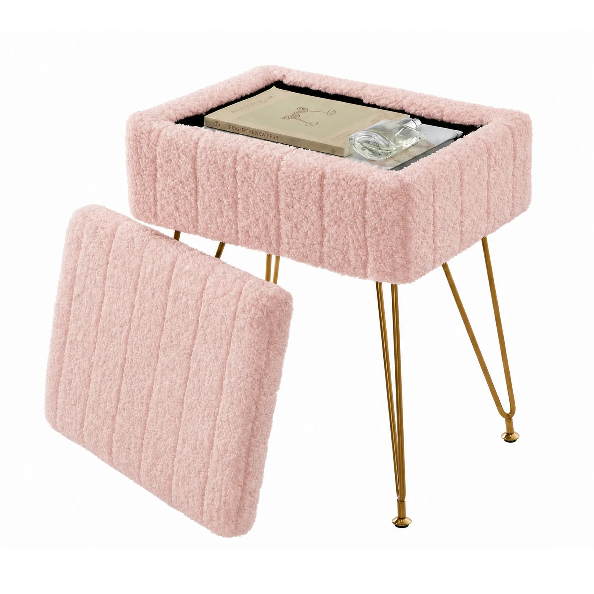Vanity Stool with Storage, Faux Fur Ottoman with Metal Legs and Anti-Slip Feet, 15.7 x 11.8 x 18.7 Inches Soft Furry Padded Seat Foot Rest for Makeup Bedroom Living Room