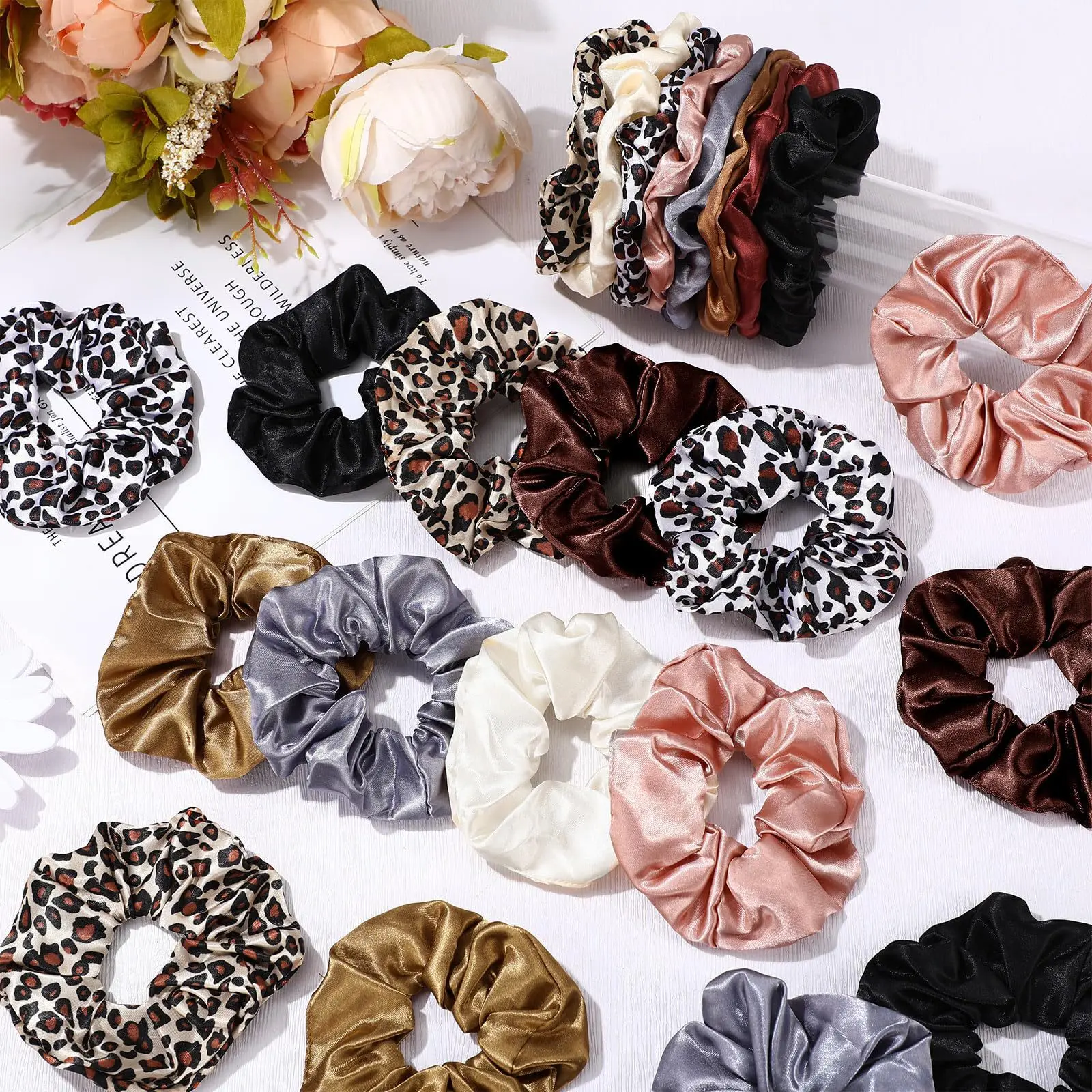 Women's Minimalist Large Leopard Print Satin Scrunchies - Female Athletic Luxury Hair Ties, Everyday European Hair Accessories for Sports & Outdoor Use, Scrunchie Shape