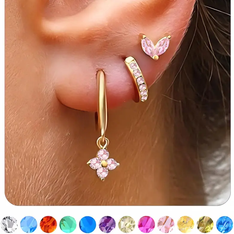 Women's 3 Pairs Dainty Gold/Silver Birthstone Earrings Set - 14k Gold Plated Brass Base, Non-Tarnish Hypoallergenic, Multiple Styles Hoops & Studs for Cartilage, Multiple Piercing, Daily Wear, Sparkling CZs Jewelry Gifts